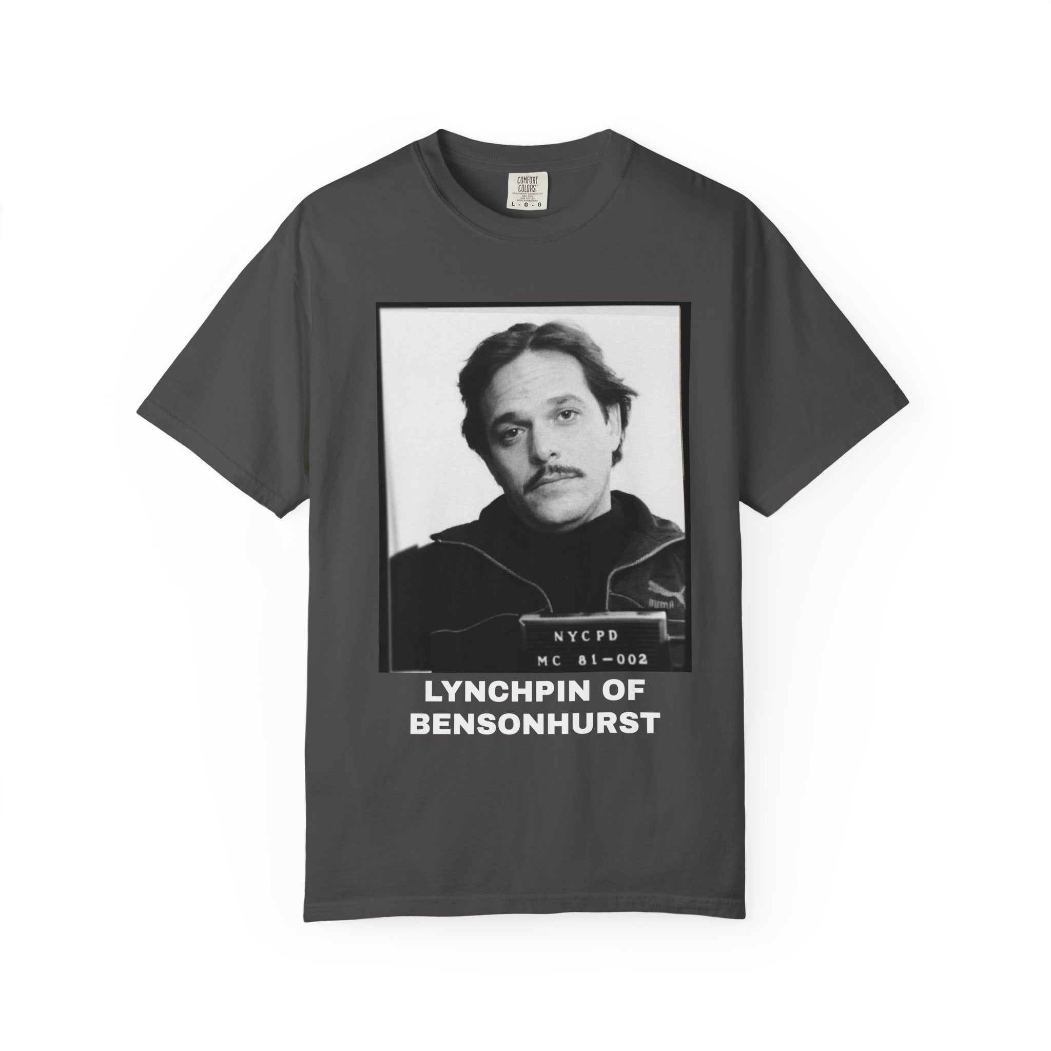 MUG SHOT Vintage Mugshot Photo T-Shirt — "Lynchpin of Bensonhurst" Graphic Tee