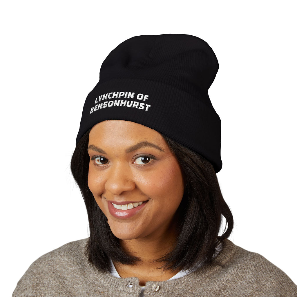 Embroidered "Lynchpin of Bensonhurst" Cuffed Beanie — Cozy Yellow Knit Hat