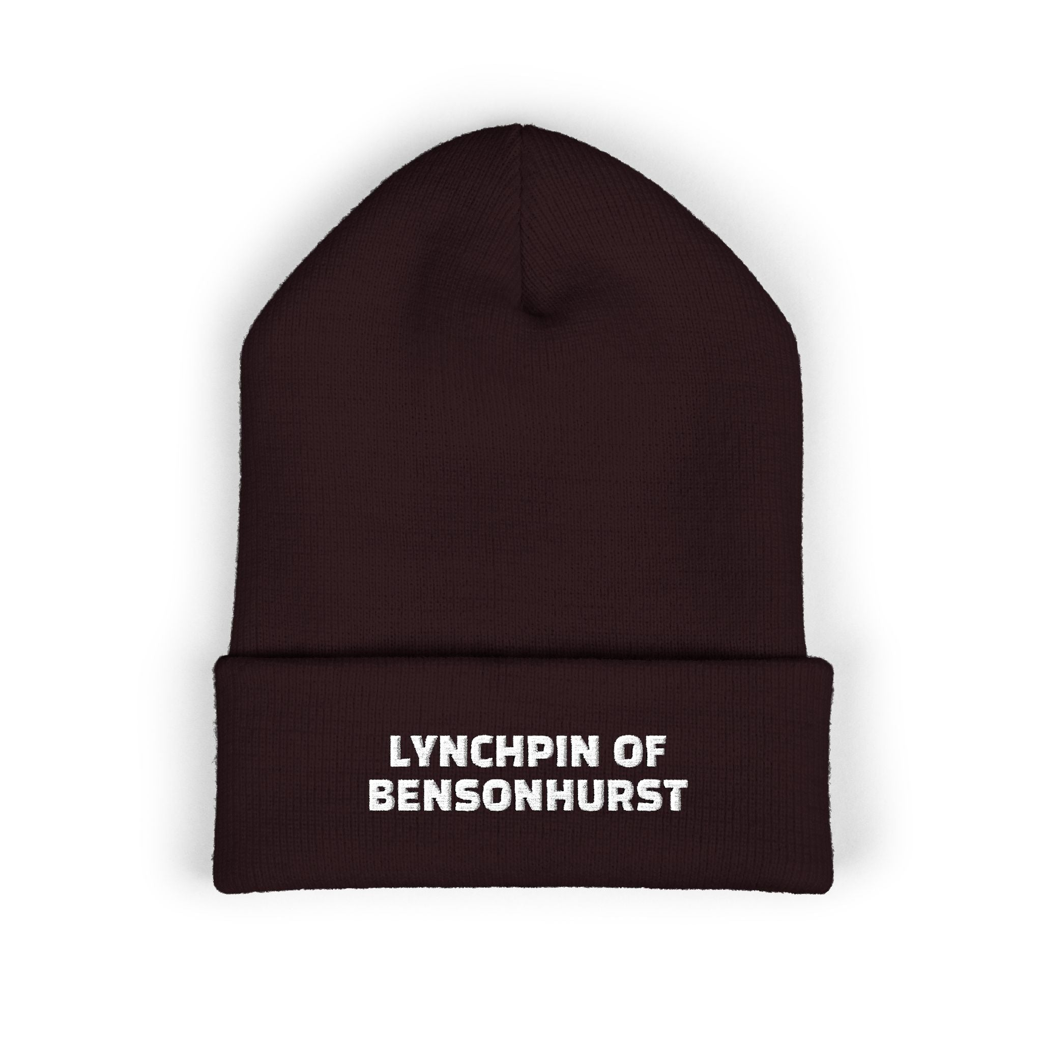 Embroidered "Lynchpin of Bensonhurst" Cuffed Beanie — Cozy Yellow Knit Hat