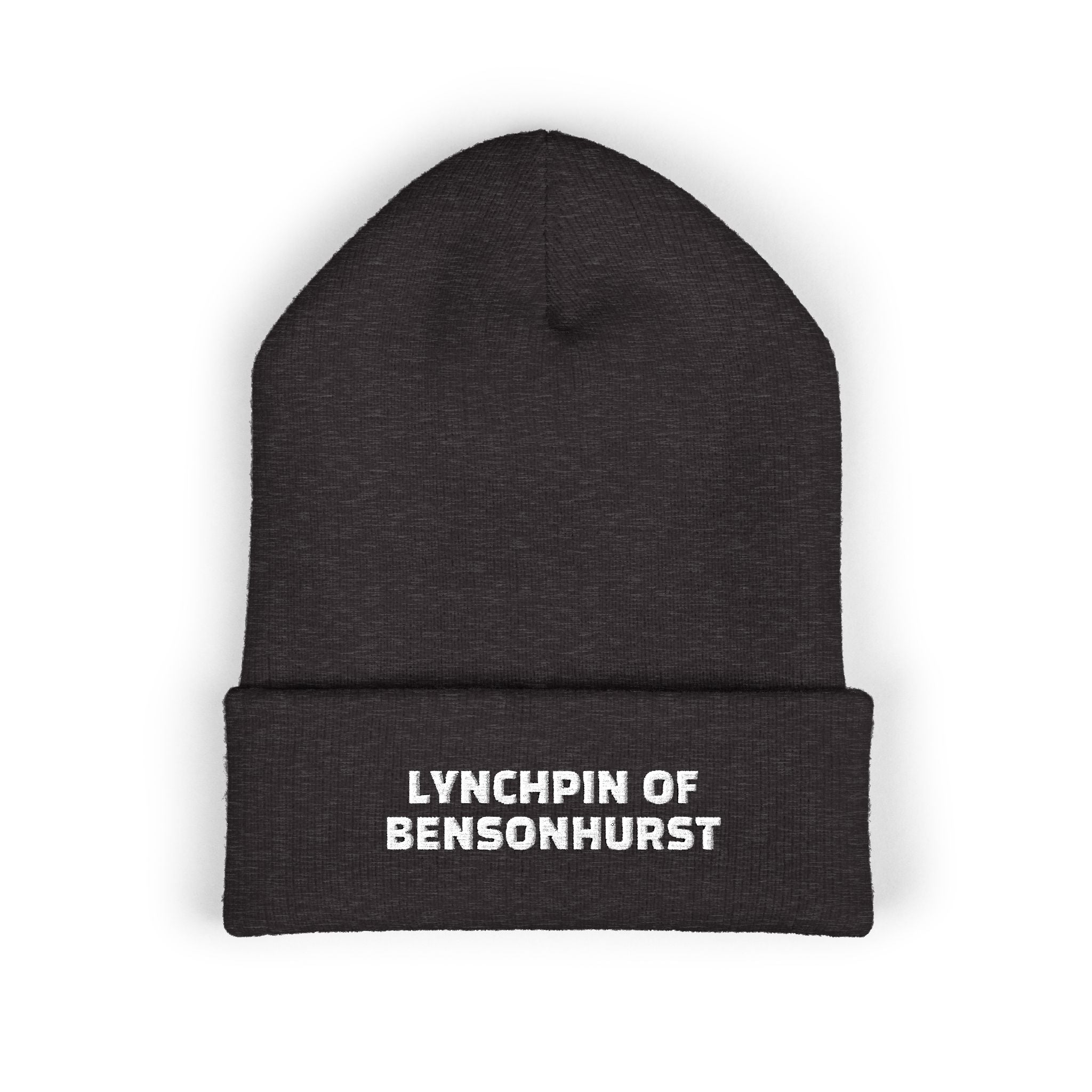 Embroidered "Lynchpin of Bensonhurst" Cuffed Beanie — Cozy Yellow Knit Hat
