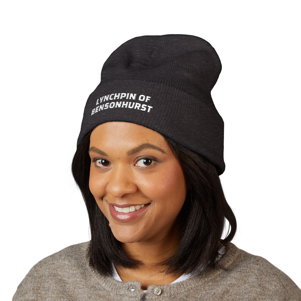 Embroidered "Lynchpin of Bensonhurst" Cuffed Beanie — Cozy Yellow Knit Hat