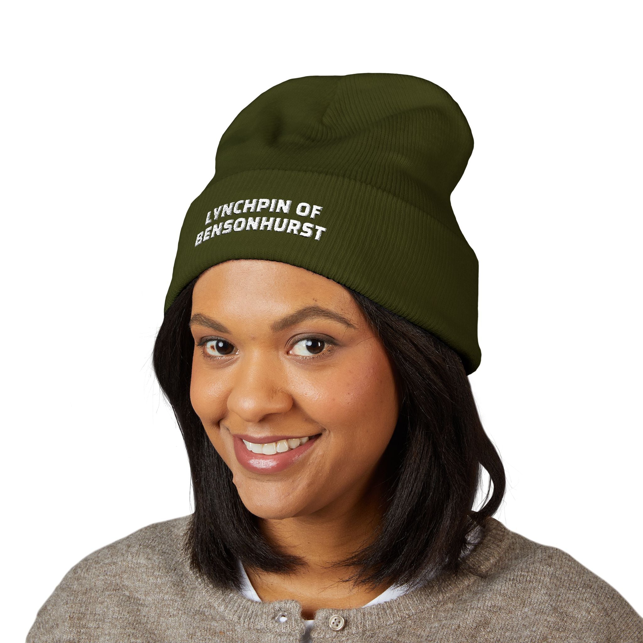 Embroidered "Lynchpin of Bensonhurst" Cuffed Beanie — Cozy Yellow Knit Hat