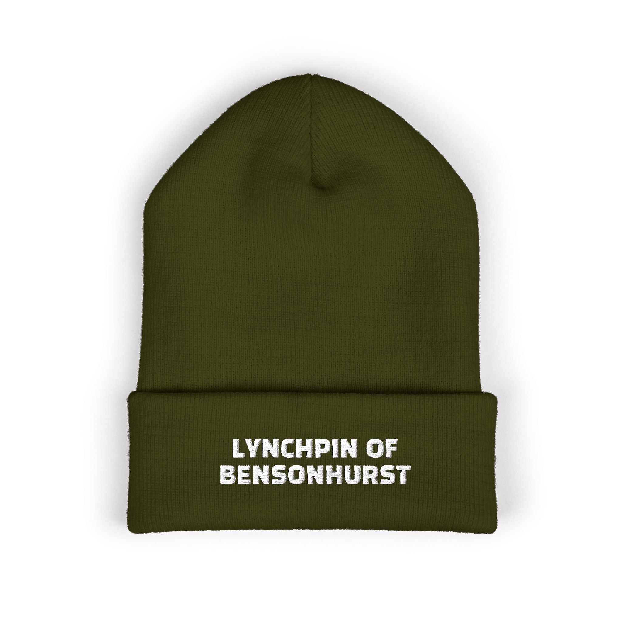 Embroidered "Lynchpin of Bensonhurst" Cuffed Beanie — Cozy Yellow Knit Hat