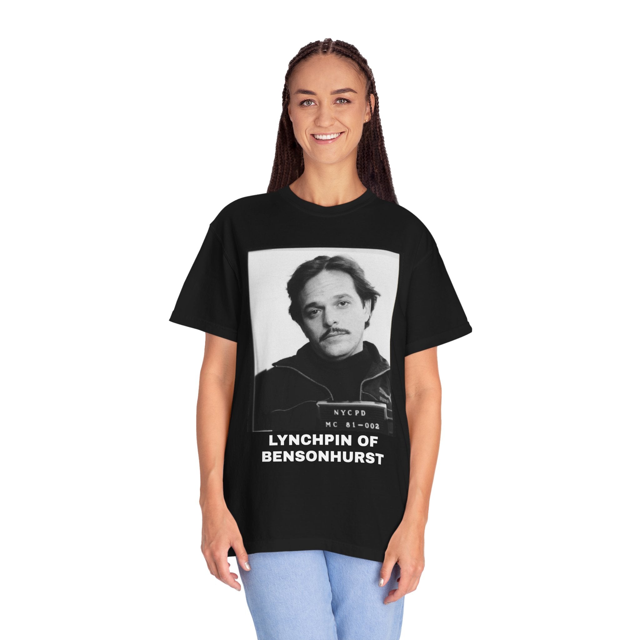 MUG SHOT Vintage Mugshot Photo T-Shirt — "Lynchpin of Bensonhurst" Graphic Tee